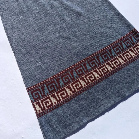 Vintage Blue Knit Long Skirt with Burgundy Pattern - Creations Isadora Small - Picture 2 of 6